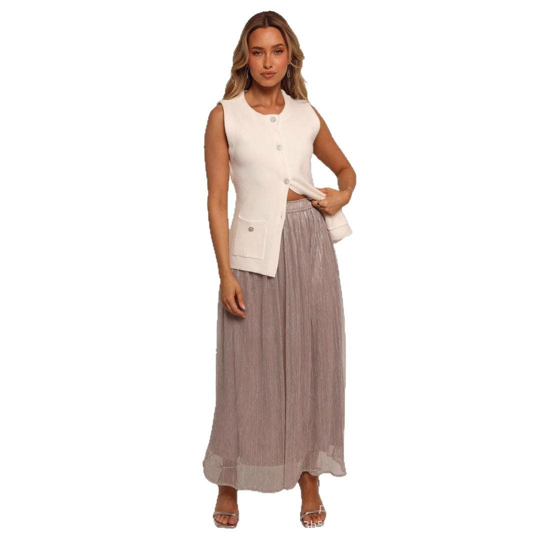 Solid Color Streamer Yarn Skirt – Women’s Summer High Waist Slimming A-Line Bright Silk Skirt | French Style Made