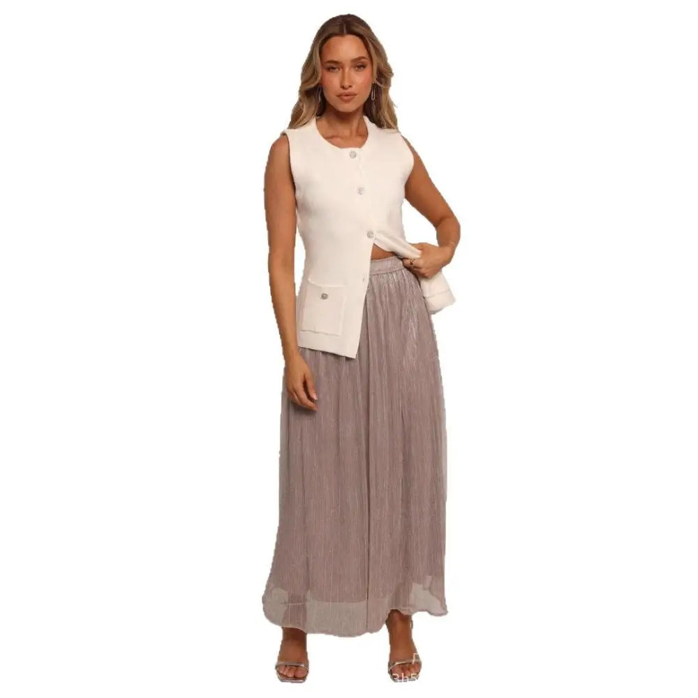 Solid Color Streamer Yarn Skirt – Women’s Summer High Waist Slimming A-Line Bright Silk Skirt | French Style Made