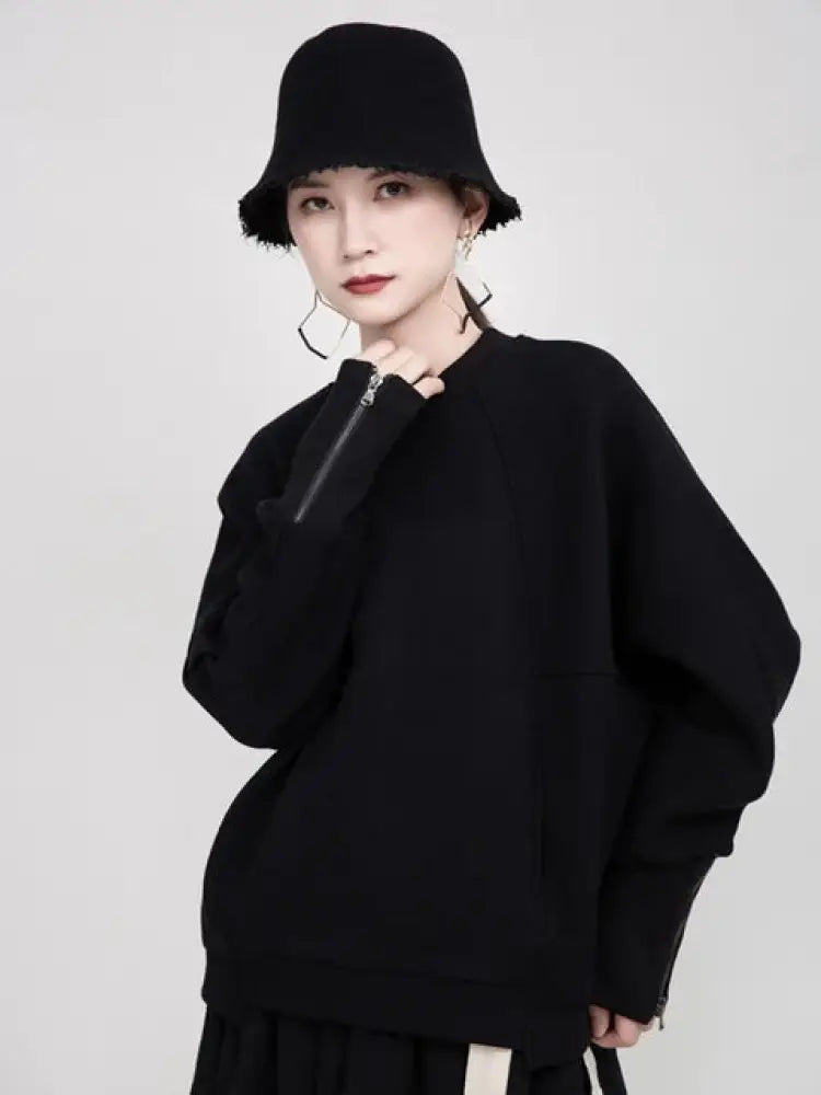 Solid Color Zipper Sleeve Sweater – same ANTHEM | Dreamy Streetwear for Soulmates - Black / One Size