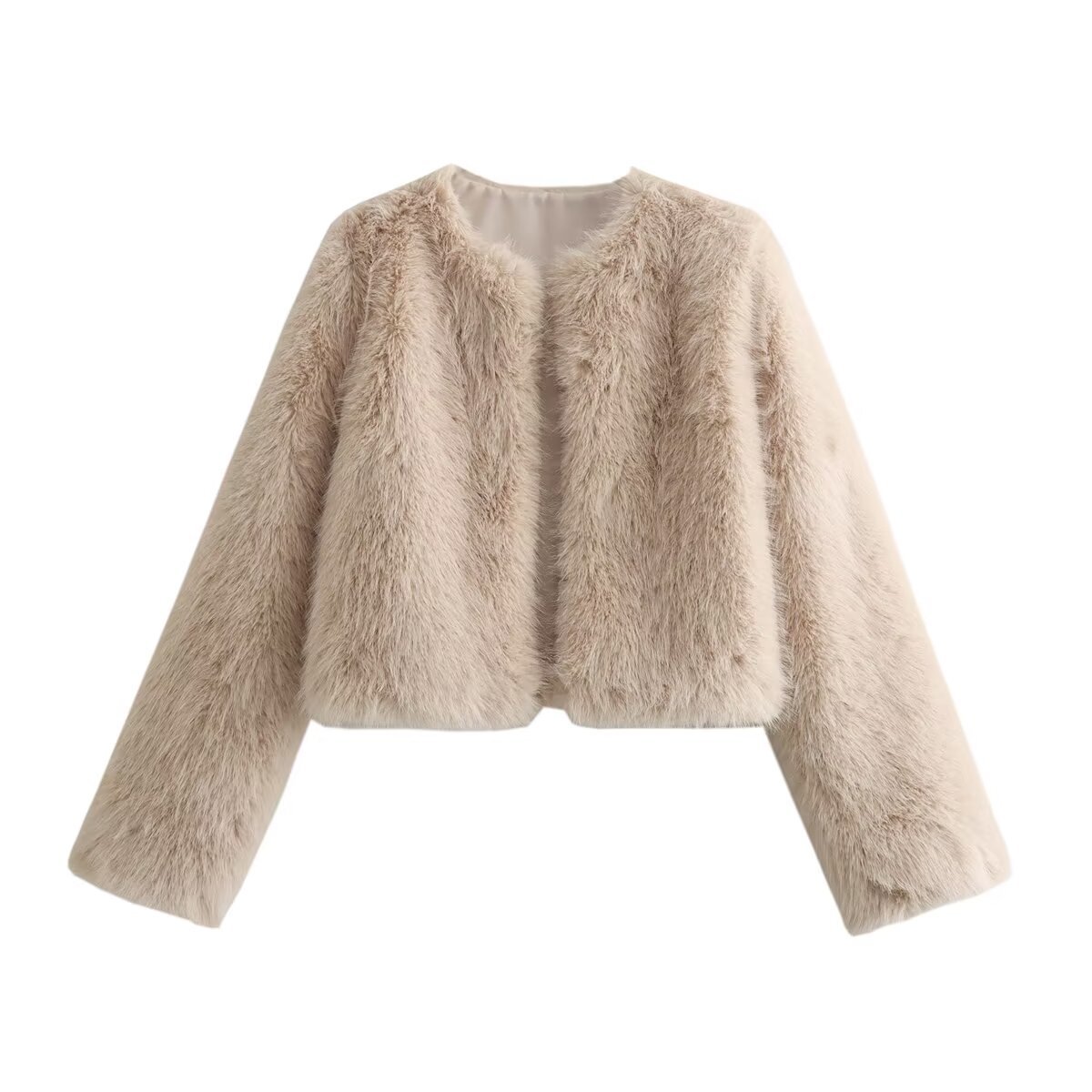 Soulmate Faux Fur Short Cardigan Coat – Casual & Bold - Khaki / L