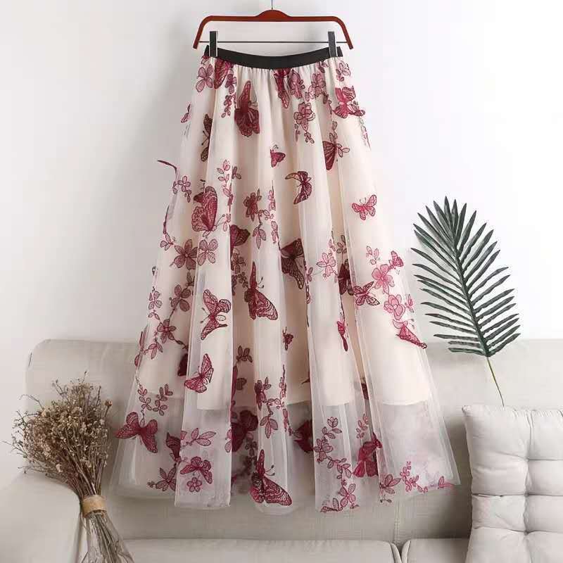 Soulmate Skirt - Romantic Embroidered Bow Lace Mesh Skirt for Lovers & Friends | Dreamy Midi Tutu Skirt - Red / 2XL