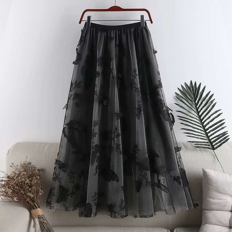 Soulmate Skirt - Romantic Embroidered Bow Lace Mesh Skirt for Lovers & Friends | Dreamy Midi Tutu Skirt - Black / 2XL