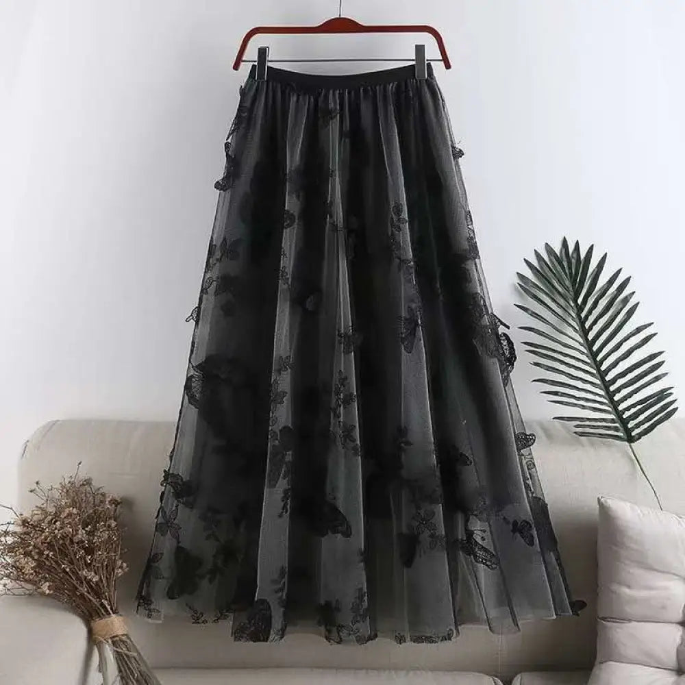 Soulmate Skirt - Romantic Embroidered Bow Lace Mesh Skirt for Lovers & Friends | Dreamy Midi Tutu Skirt - Black / 2XL