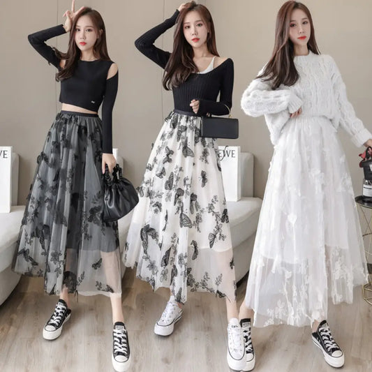 Soulmate Skirt - Romantic Embroidered Bow Lace Mesh Skirt for Lovers & Friends | Dreamy Midi Tutu Skirt - Skirt