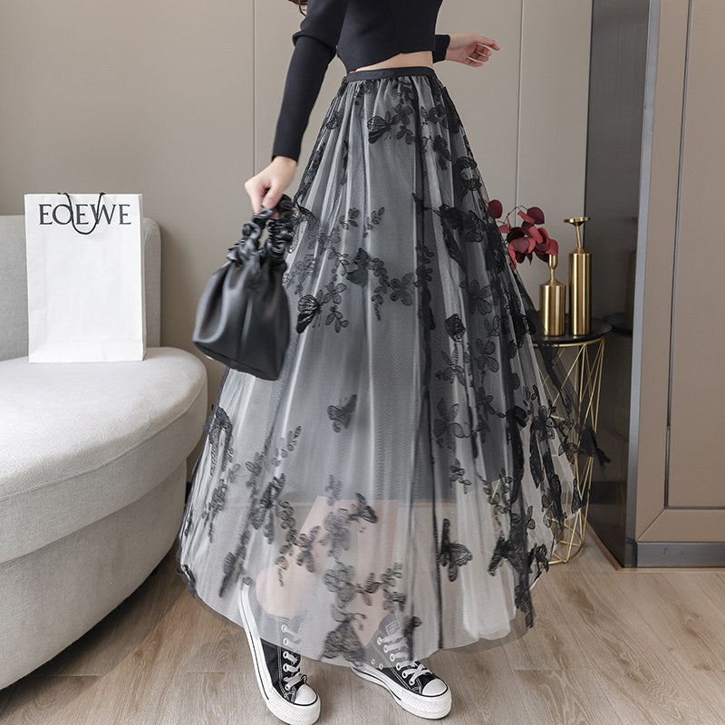 Soulmate Skirt - Romantic Embroidered Bow Lace Mesh Skirt for Lovers & Friends | Dreamy Midi Tutu Skirt - Gray / 2XL