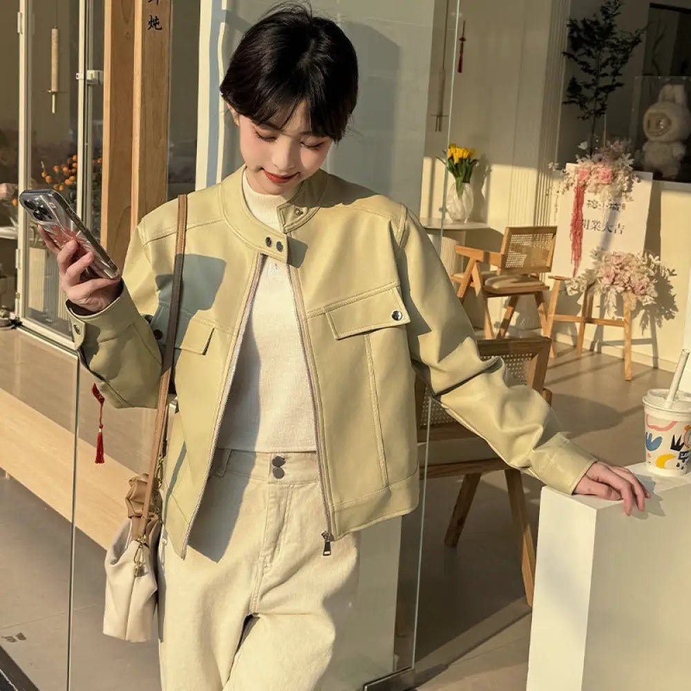 Soulmate Slimming Leather Coat – Spring & Autumn Casual - Matcha / L