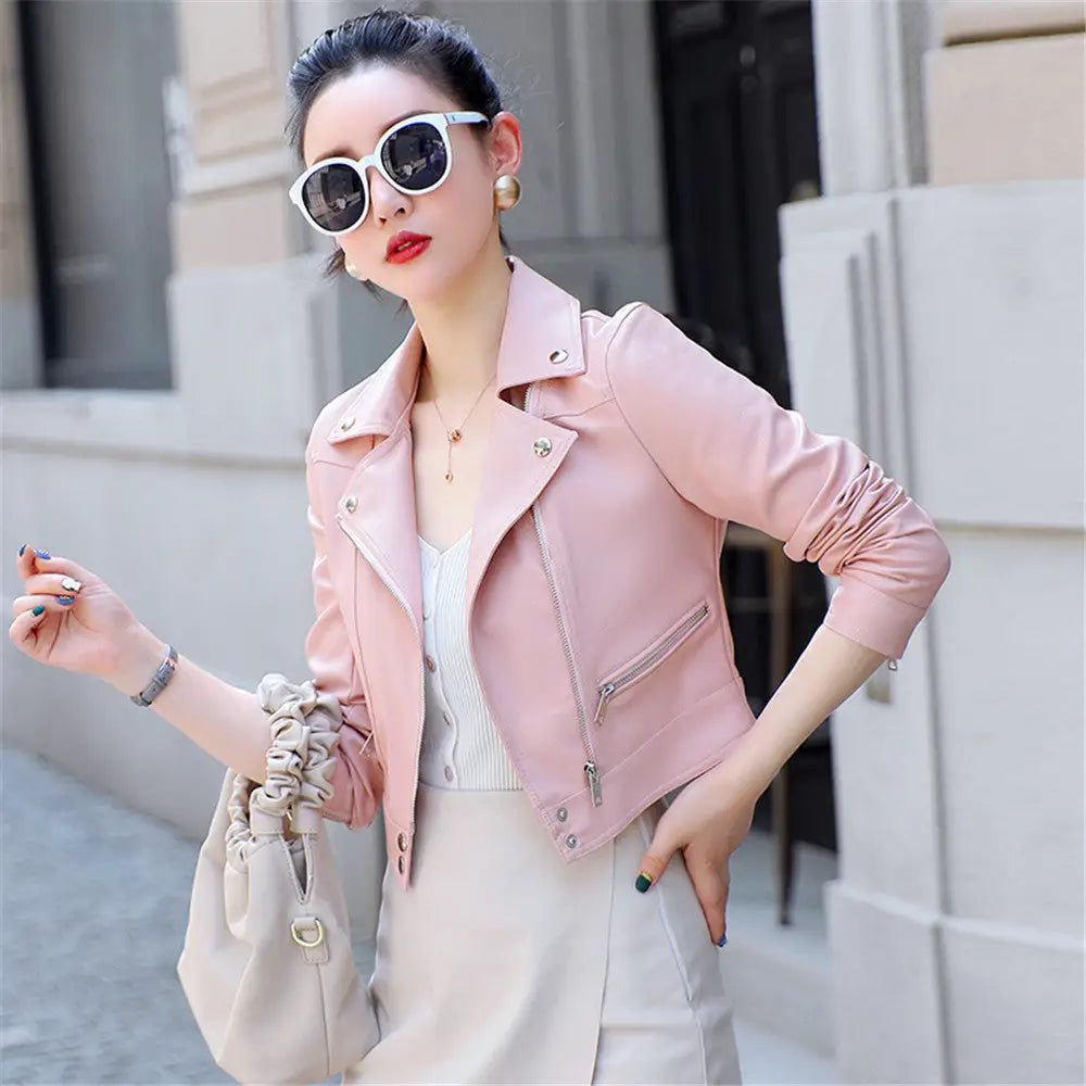 Soulmate Synthetic Leather Jacket - Korean Style Short Slim Motorcycle Jacket for Lovers Friends & Twin Flames - Pink