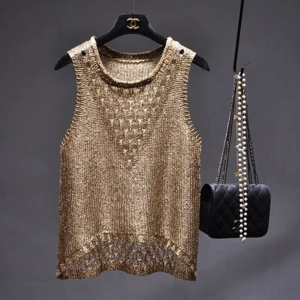 Sparkling Sequins Silk Sleeveless Top – dreamy chic streetwear | same ANTHEM. - Khaki gold / One Size