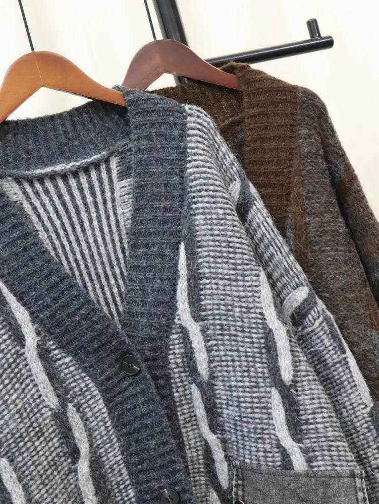 Spliced Pocket Denim Knitted Cardigan | Casual Loose Vintage Cardigan | same ANTHEM