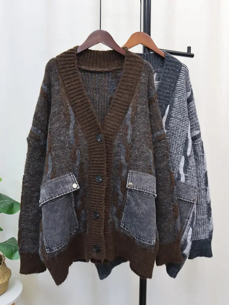 Spliced Pocket Denim Knitted Cardigan | Casual Loose Vintage Cardigan | same ANTHEM
