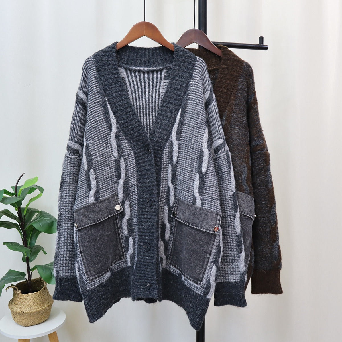 Spliced Pocket Denim Knitted Cardigan | Casual Loose Vintage Cardigan | same ANTHEM