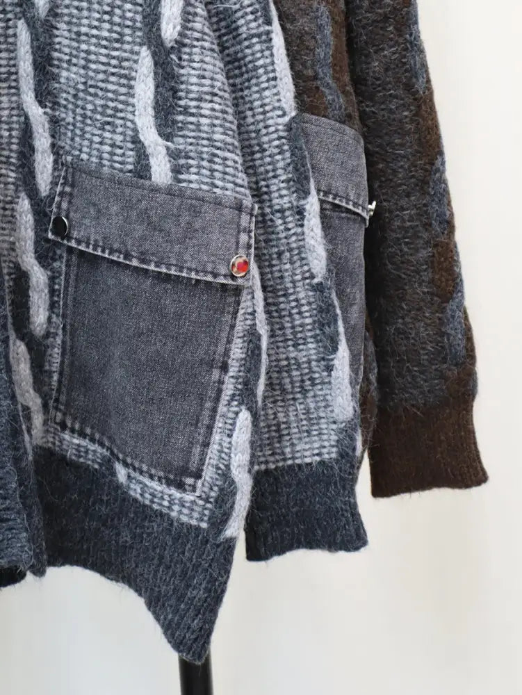 Spliced Pocket Denim Knitted Cardigan | Casual Loose Vintage Cardigan | same ANTHEM