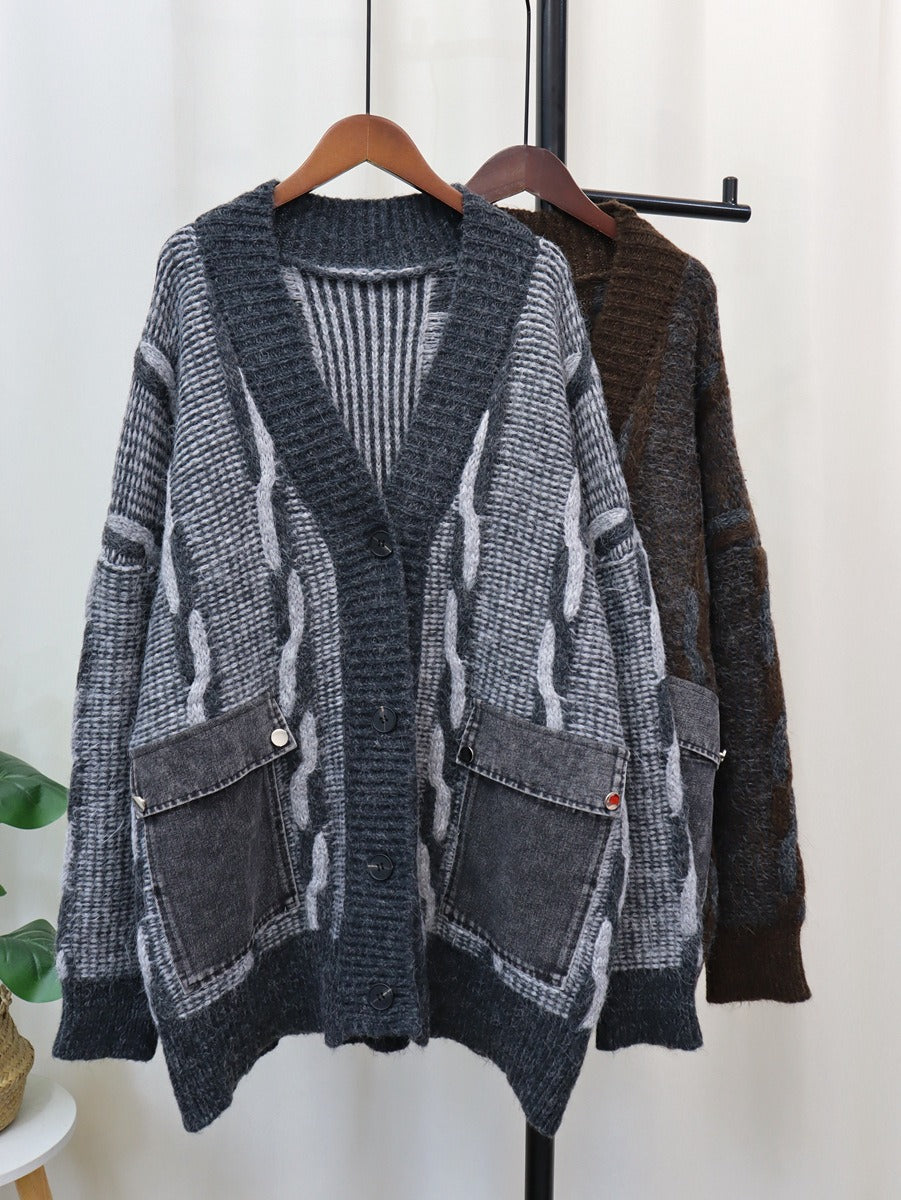 Spliced Pocket Denim Knitted Cardigan | Casual Loose Vintage Cardigan | same ANTHEM