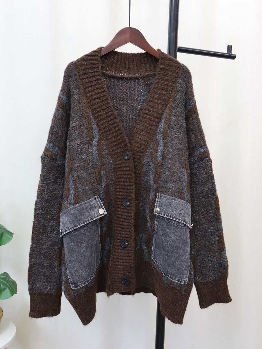 Spliced Pocket Denim Knitted Cardigan | Casual Loose Vintage Cardigan | same ANTHEM - coffee / One Size