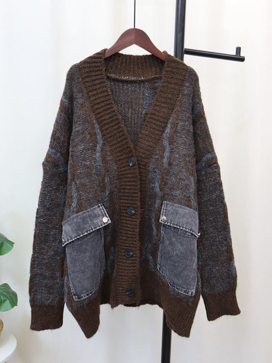 Spliced Pocket Denim Knitted Cardigan | Casual Loose Vintage Cardigan | same ANTHEM - coffee / One Size