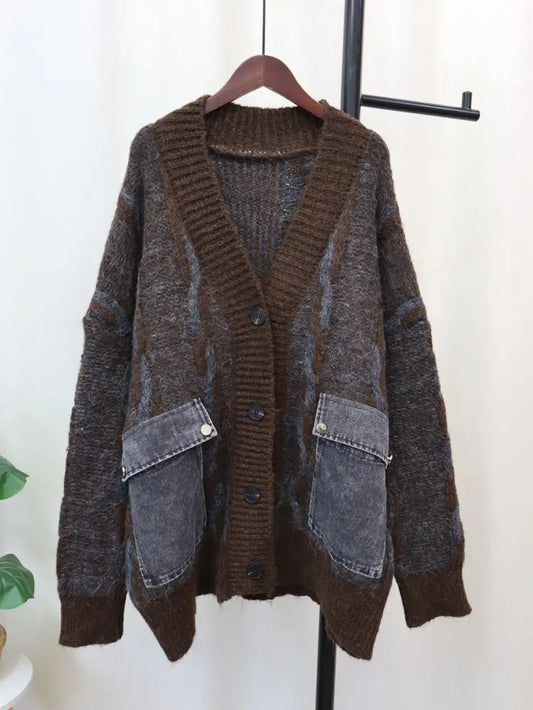 Spliced Pocket Denim Knitted Cardigan | Casual Loose Vintage Cardigan | same ANTHEM - coffee / One Size