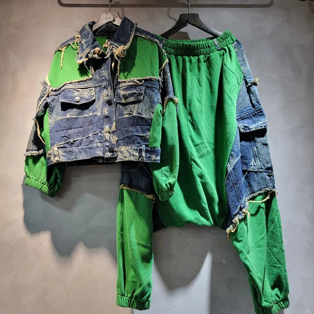 Spliced Vintage Jacket & High Waist Pants Set | same ANTHEM