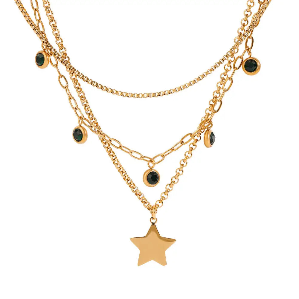 Stainless Steel Multi-layer Rhinestone Pendant Twin Necklace | Chic Boho Statement Jewellery | same ANTHEM - JDN2410053