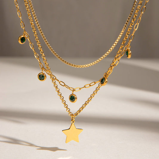 Stainless Steel Multi-layer Rhinestone Pendant Twin Necklace | Chic Boho Statement Jewellery | same ANTHEM - JDN2410053