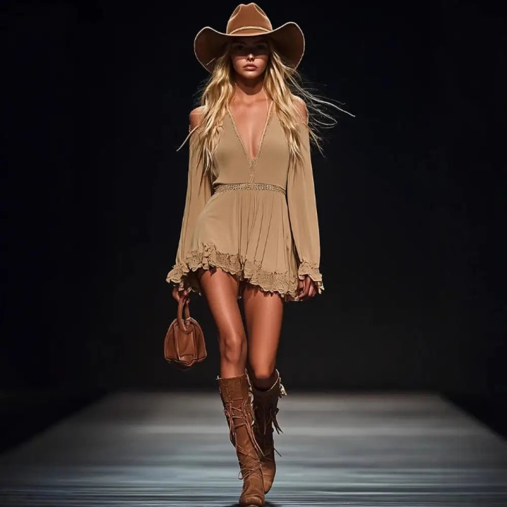Strapless Off-the-shoulder Khaki Mini Dress With Long Sleeves - Dress