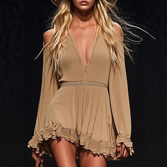 Strapless Off-the-shoulder Khaki Mini Dress With Long Sleeves - Dress