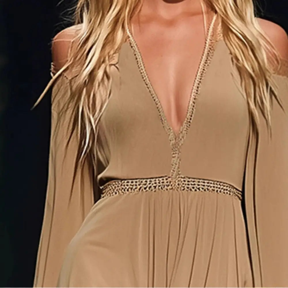 Strapless Off-the-shoulder Khaki Mini Dress With Long Sleeves - Dress