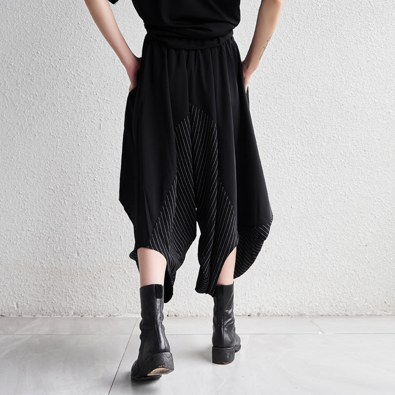 Striped Patchwork Wide-Leg Cropped Pants Japanese Streetwear Chic | same ANTHEM