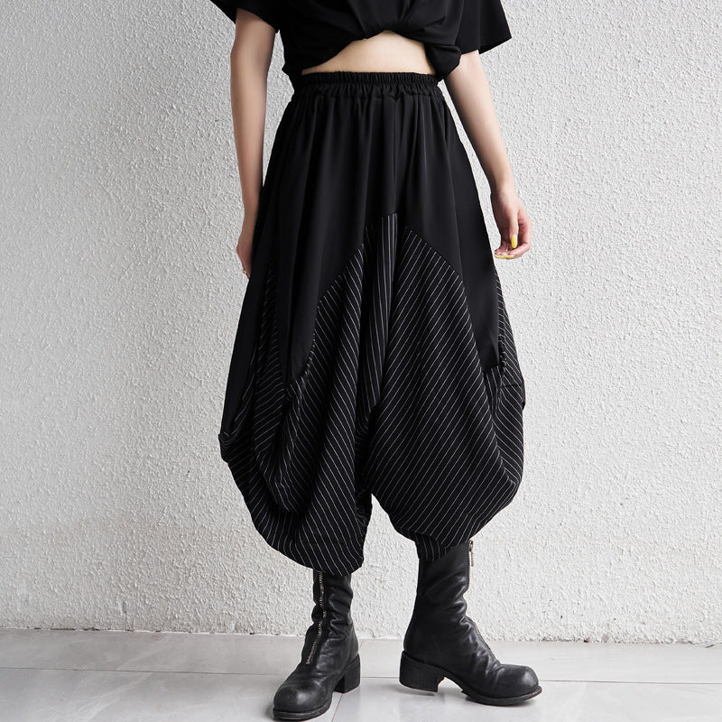 Striped Patchwork Wide-Leg Cropped Pants Japanese Streetwear Chic | same ANTHEM