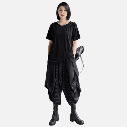 Striped Patchwork Wide-Leg Cropped Pants Japanese Streetwear Chic | same ANTHEM