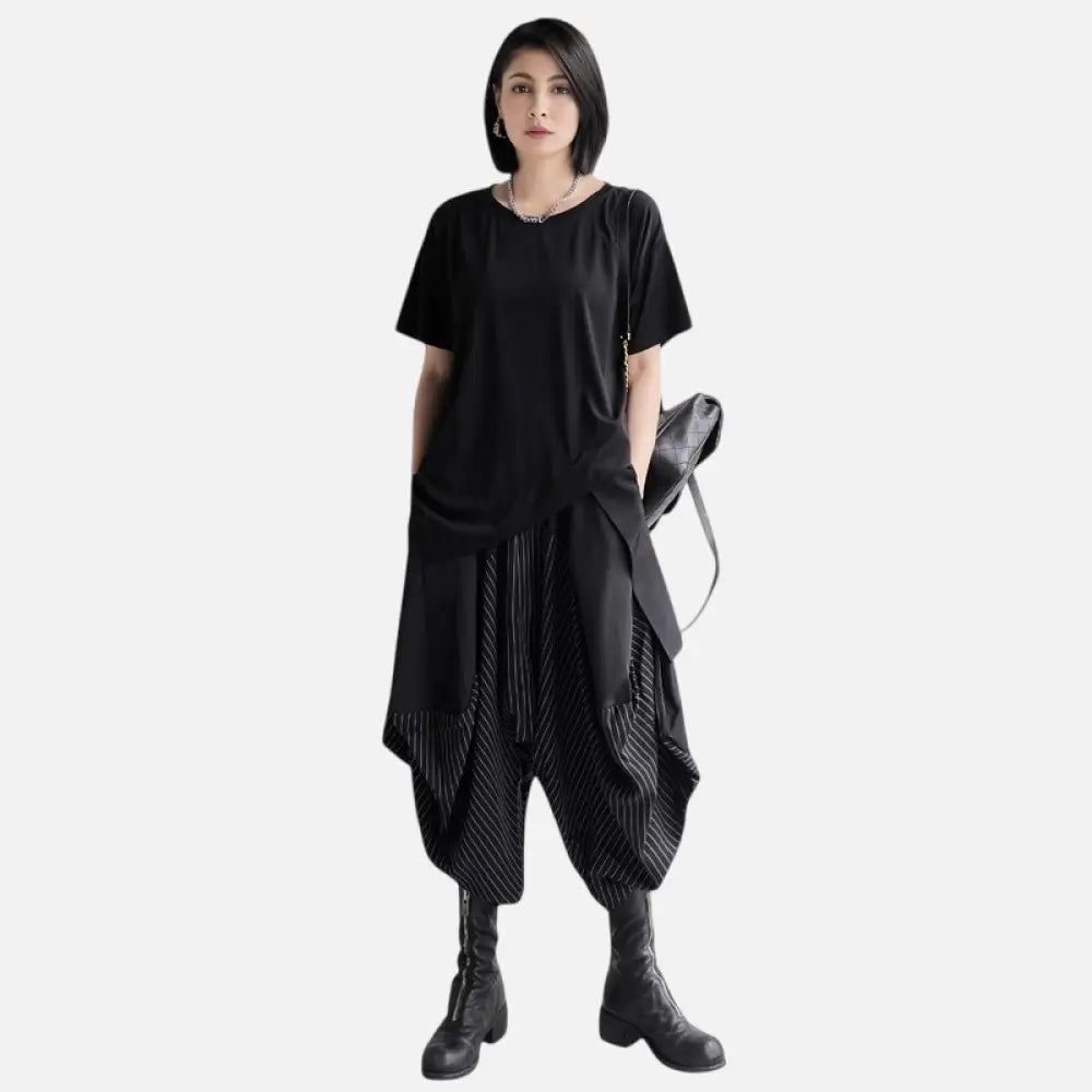 Striped Patchwork Wide-Leg Cropped Pants Japanese Streetwear Chic | same ANTHEM