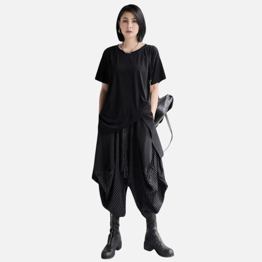 Striped Patchwork Wide-Leg Cropped Pants Japanese Streetwear Chic | same ANTHEM
