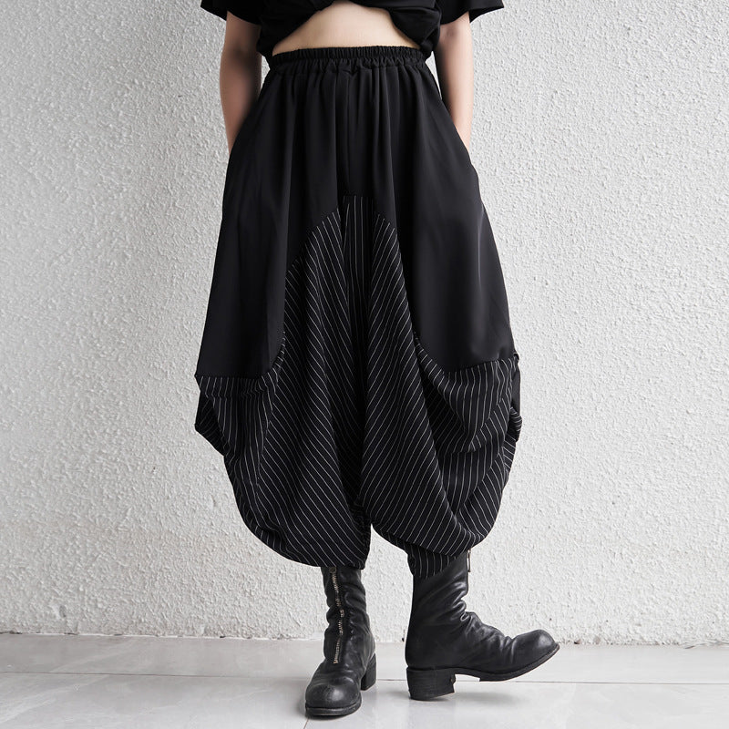 Striped Patchwork Wide-Leg Cropped Pants Japanese Streetwear Chic | same ANTHEM - black / M