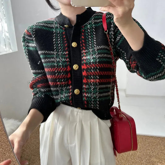Striped Plaid Cropped Knit Cardigan | same ANTHEM - Black / One Size