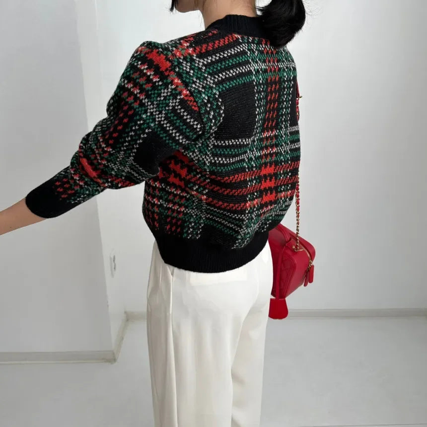 Striped Plaid Cropped Knit Cardigan | same ANTHEM - Black / One Size