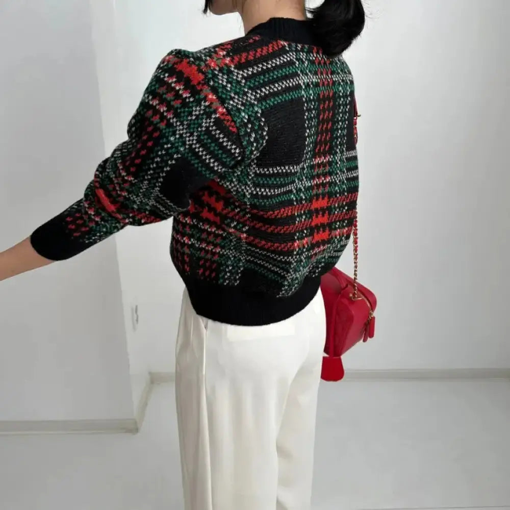 Striped Plaid Cropped Knit Cardigan | same ANTHEM - Black / One Size
