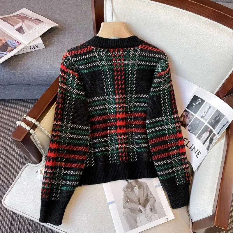 Striped Plaid Cropped Knit Cardigan | same ANTHEM - Black / One Size