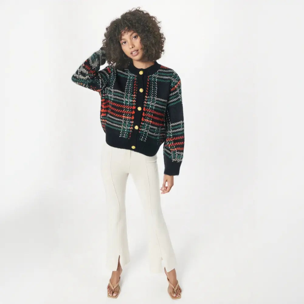 Striped Plaid Cropped Knit Cardigan | same ANTHEM - Black / One Size
