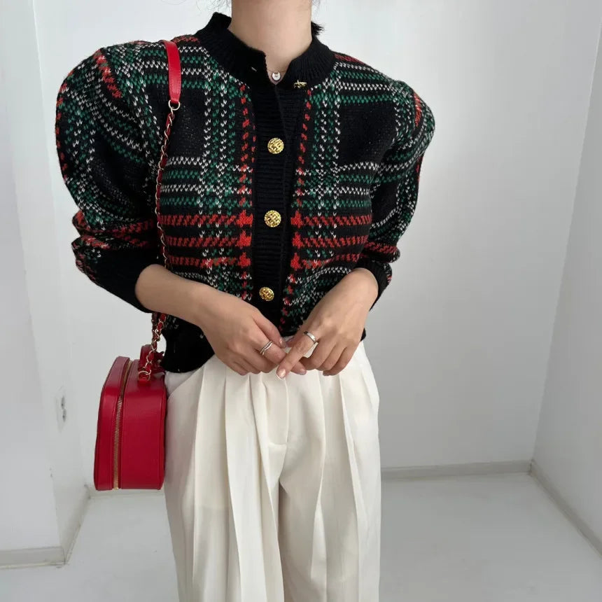 Striped Plaid Cropped Knit Cardigan | same ANTHEM - Black / One Size