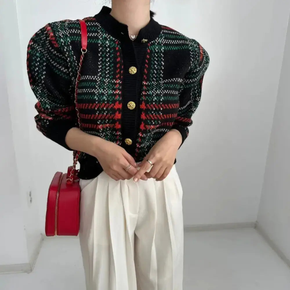 Striped Plaid Cropped Knit Cardigan | same ANTHEM - Black / One Size