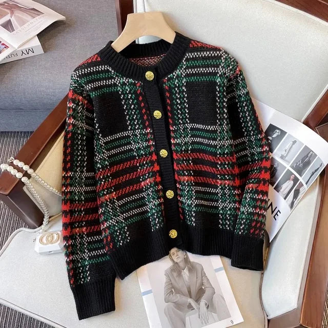 Striped Plaid Cropped Knit Cardigan | same ANTHEM - Black / One Size