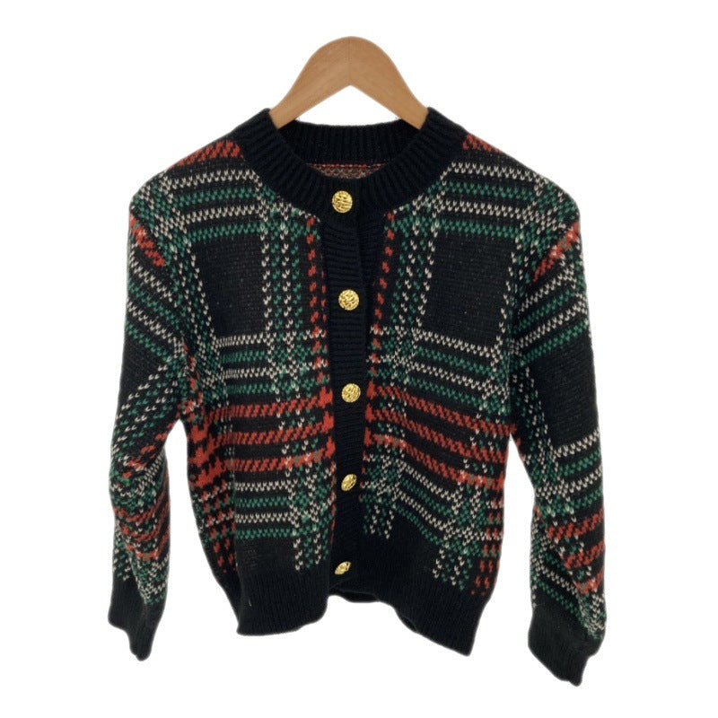 Striped Plaid Cropped Knit Cardigan | same ANTHEM - Black / One Size