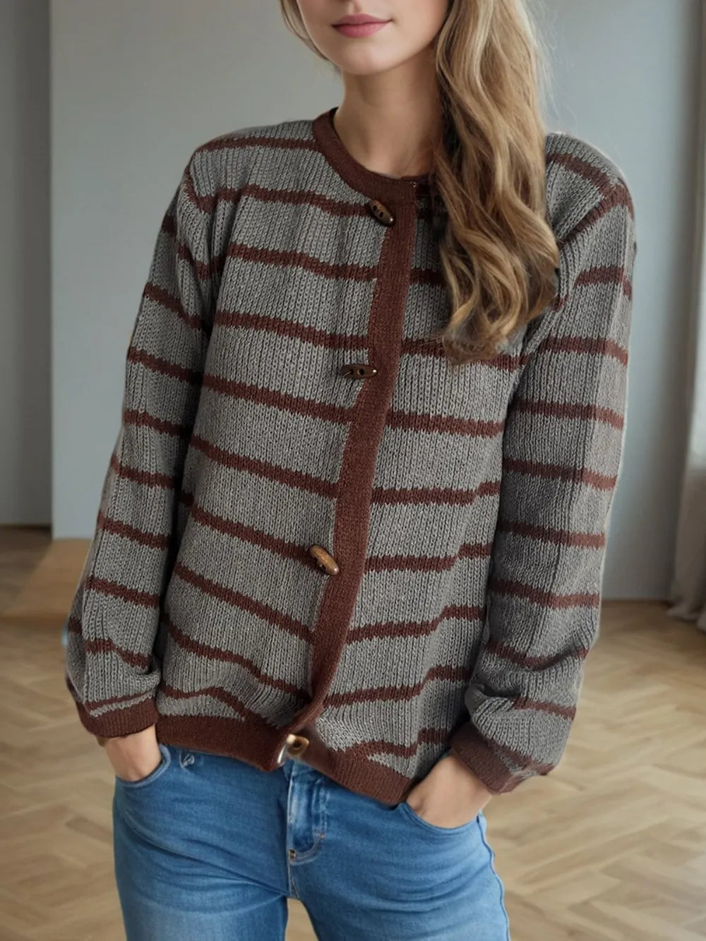 Striped Round Neck Cardigan – Cute Chic & Dreamy Layers | same ANTHEM - Dark Gray / S