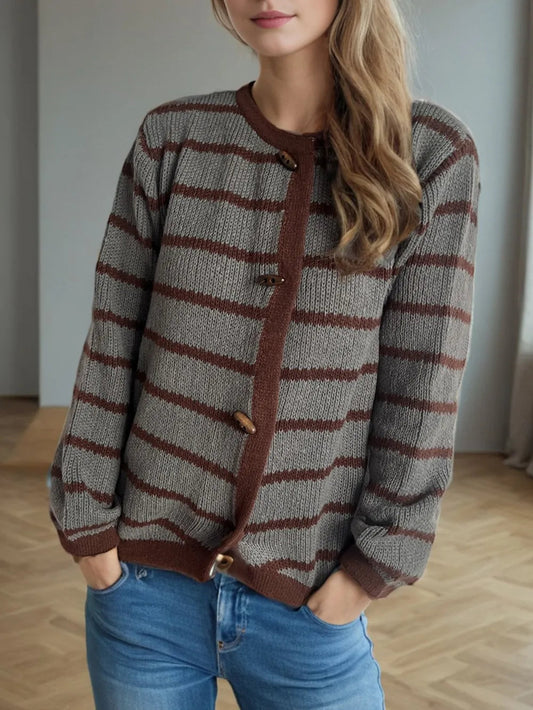 Striped Round Neck Cardigan – Cute Chic & Dreamy Layers | same ANTHEM - Dark Gray / S