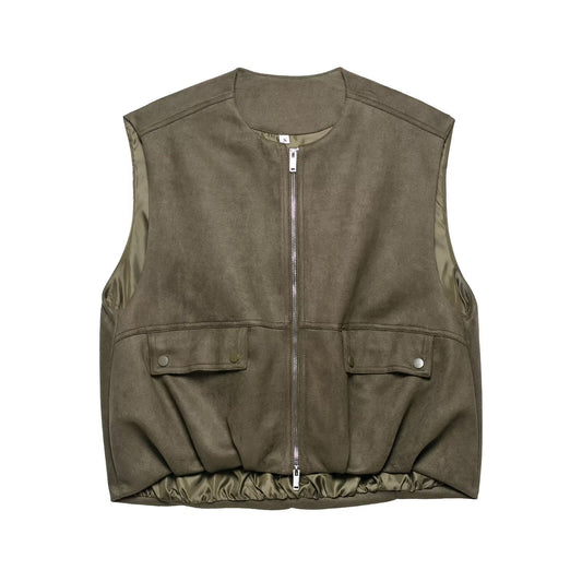 Suede Vest Jacket – Japanese Style Chic Streetwear | same ANTHEM - Olive color / XS