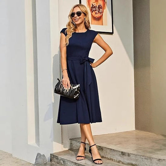 Summer Round Neck Sleeveless Swing Dress with Waist Belt | Trendy & Elegant Dress for Lovers | Same Anthem