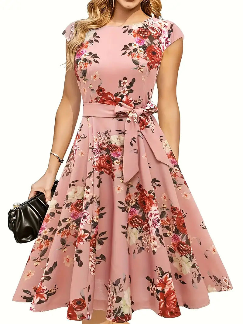 Summer Round Neck Sleeveless Swing Dress with Waist Belt | Trendy & Elegant Dress for Lovers | Same Anthem - Pink / L