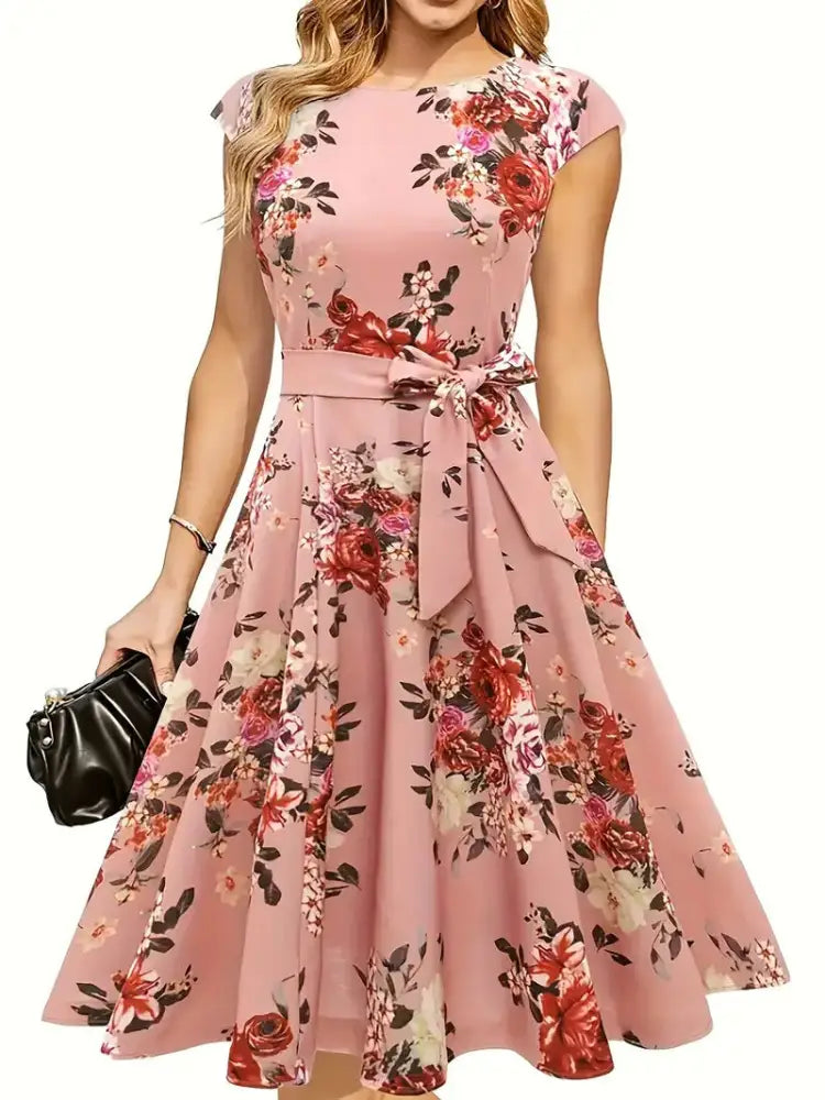 Summer Round Neck Sleeveless Swing Dress with Waist Belt | Trendy & Elegant Dress for Lovers | Same Anthem - Pink / L