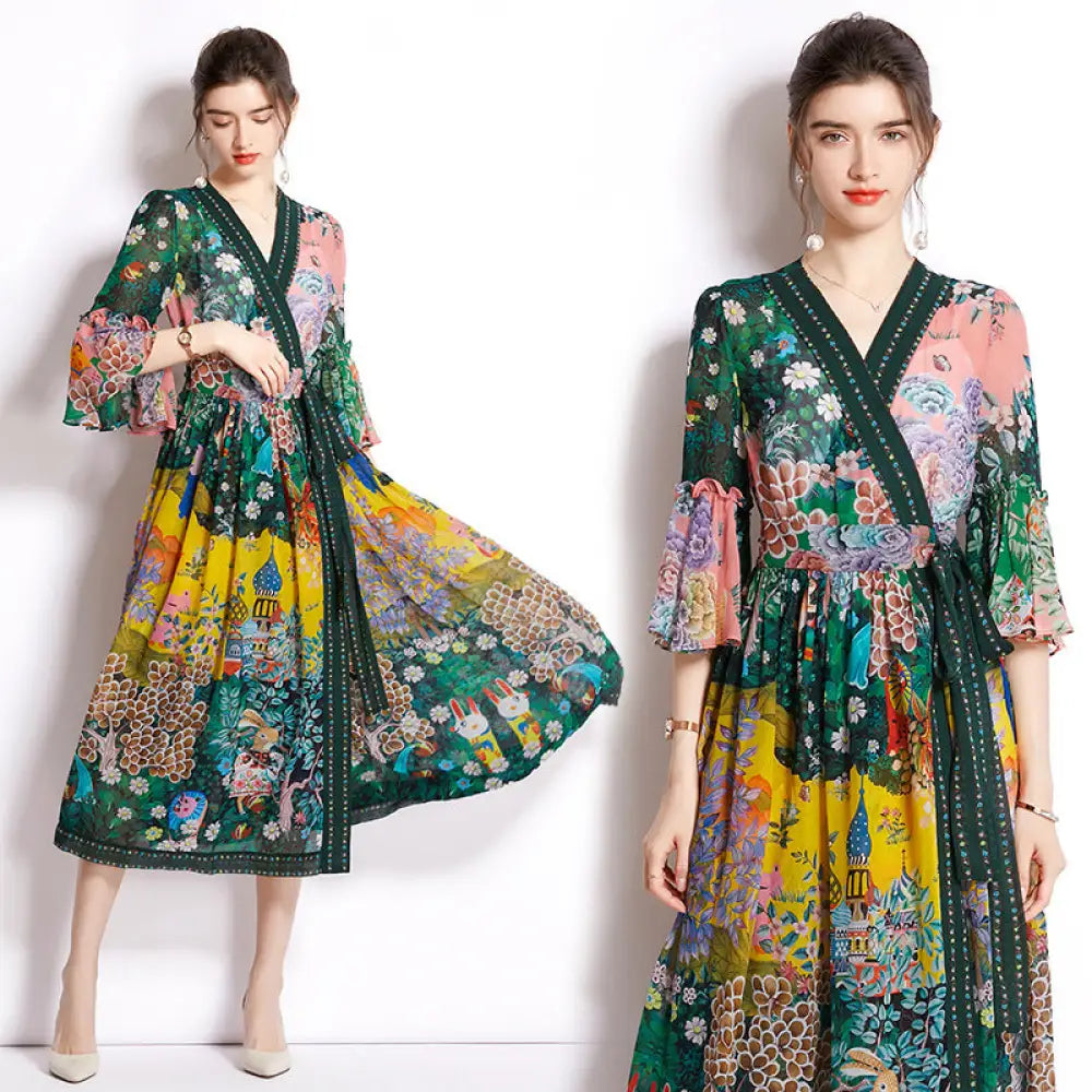 Summer V-Neck Chiffon Print Dress Cardigan | same ANTHEM