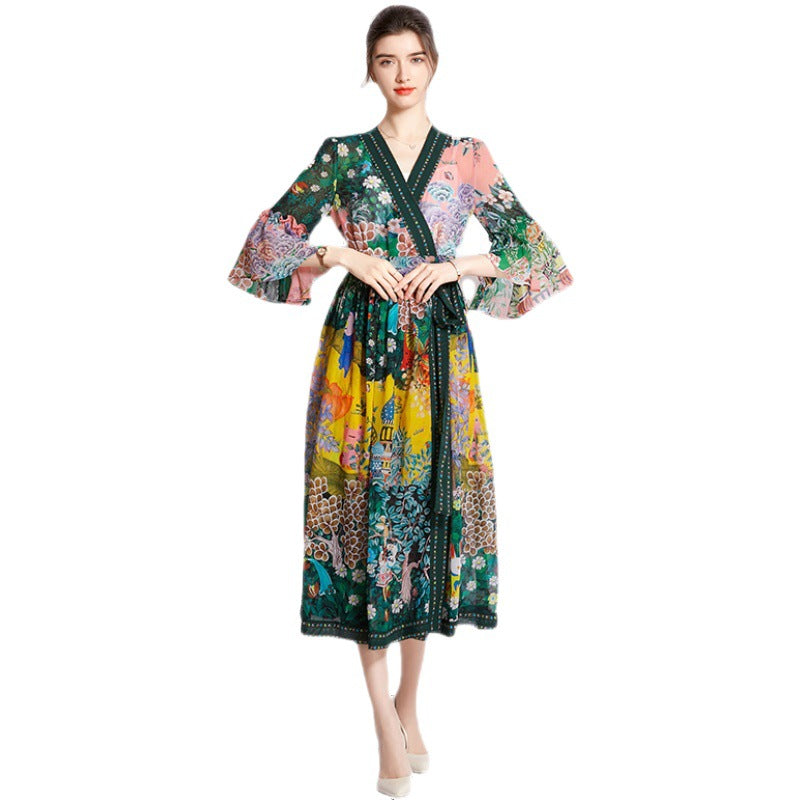 Summer V-Neck Chiffon Print Dress Cardigan | same ANTHEM - Green / S