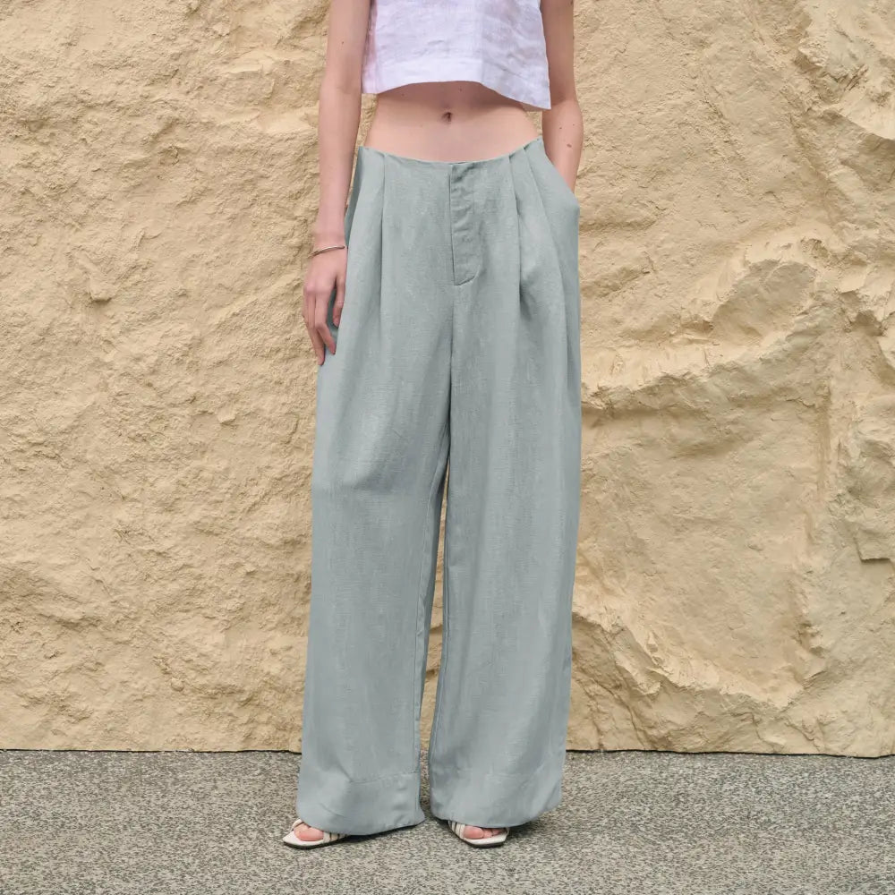 Tencel Linen Wide Leg Pants Women | Yamamoto Minimalist Style | same ANTHEM. - Gray-blue (one size smaller) / S